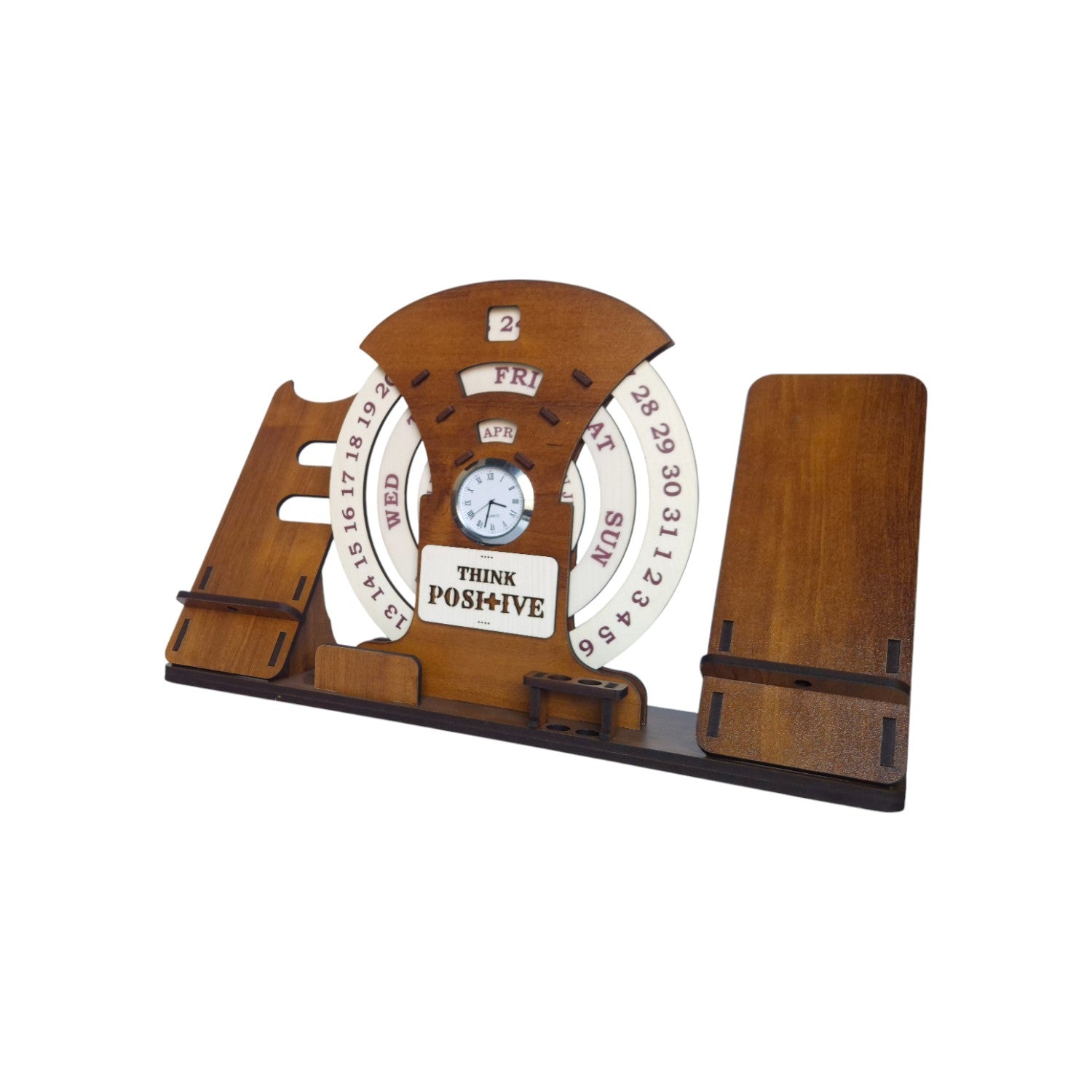 Circular lifetime wooden Desk Calendar with  Clock, Mobile Holder, Pen holders & Visiting Card for Office and home decoration | Desk Organizer for gifitng.