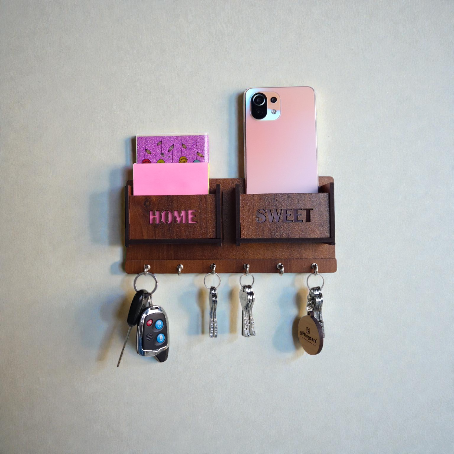 Wooden Wall Mounted Key Holders with 2 separate Racks for storage| 6 Hooks | Attractive & Decorative.