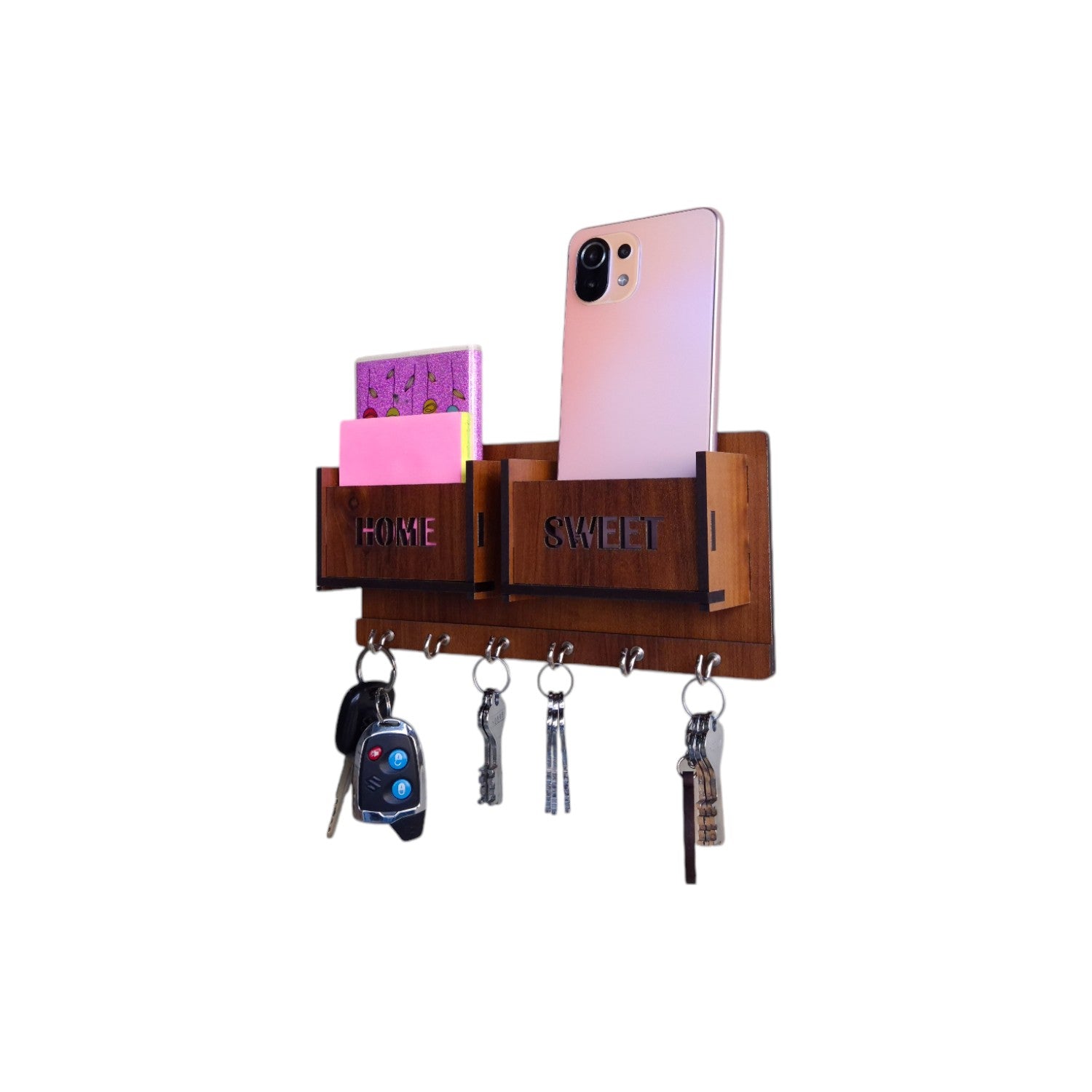 Wooden Wall Mounted Key Holders with 2 separate Racks for storage| 6 Hooks | Attractive & Decorative.