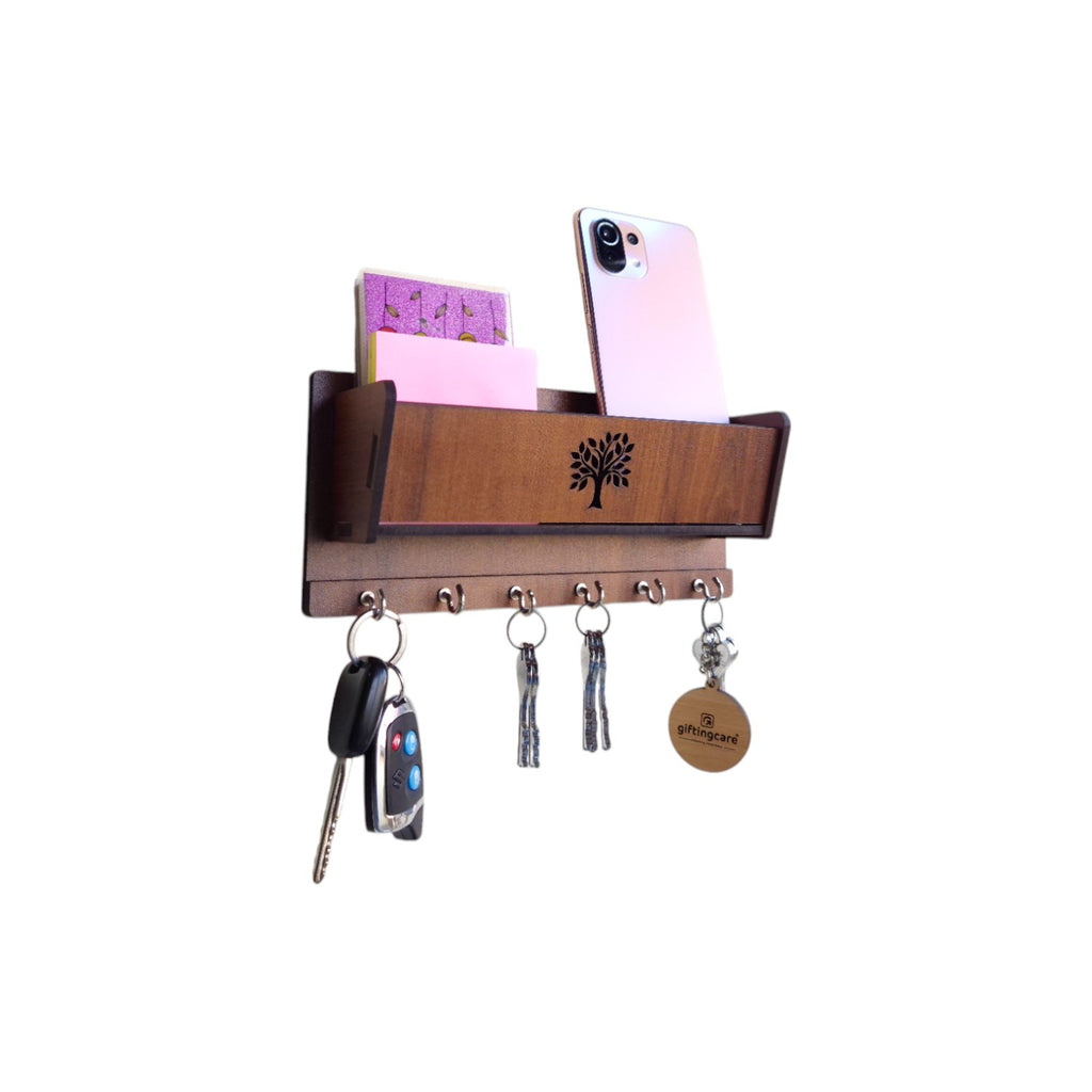 Wooden Wall Mounted Key Holders with shelf Rack | 6 Hooks