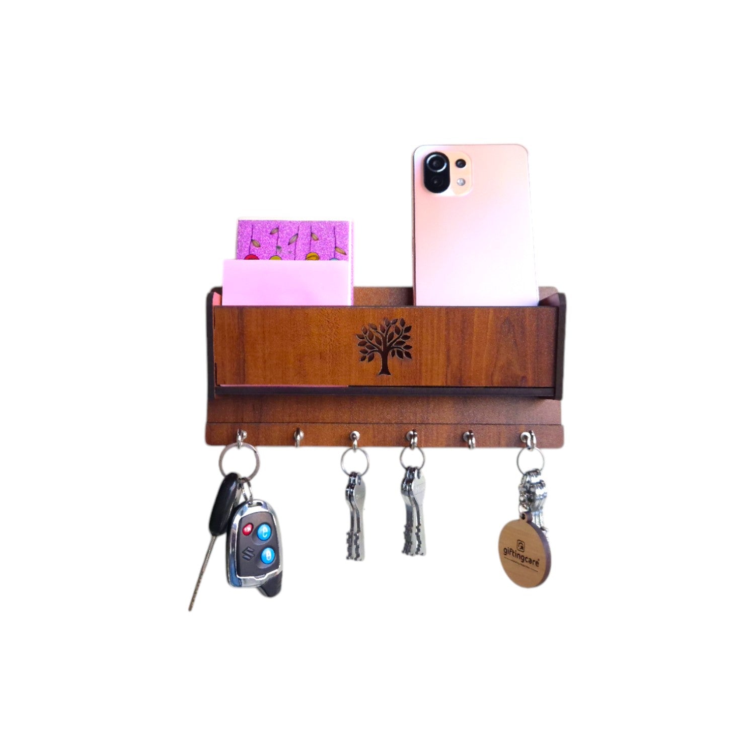 Wooden Wall Mounted Key Holders with shelf Rack | 6 Hooks