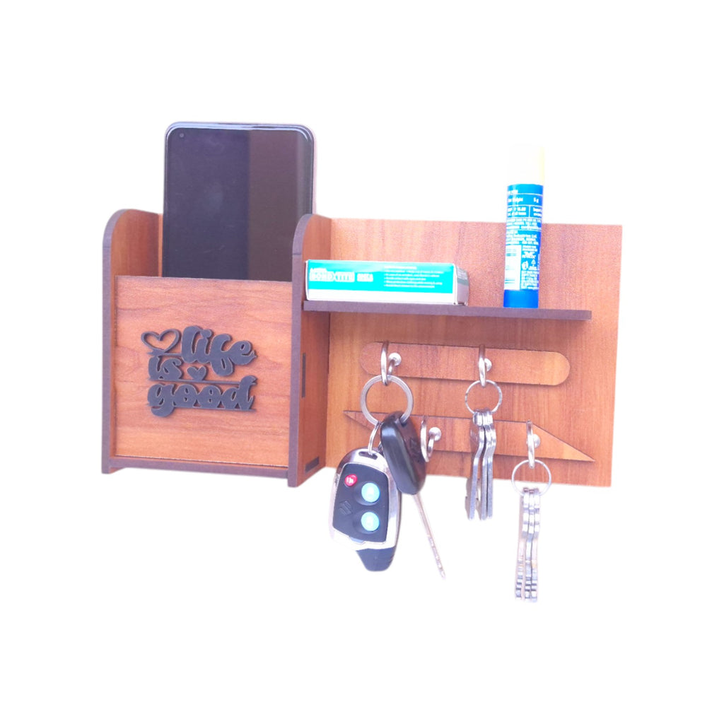 Wooden Wall Mounted Key Holders with shelf Rack | 4 Hooks