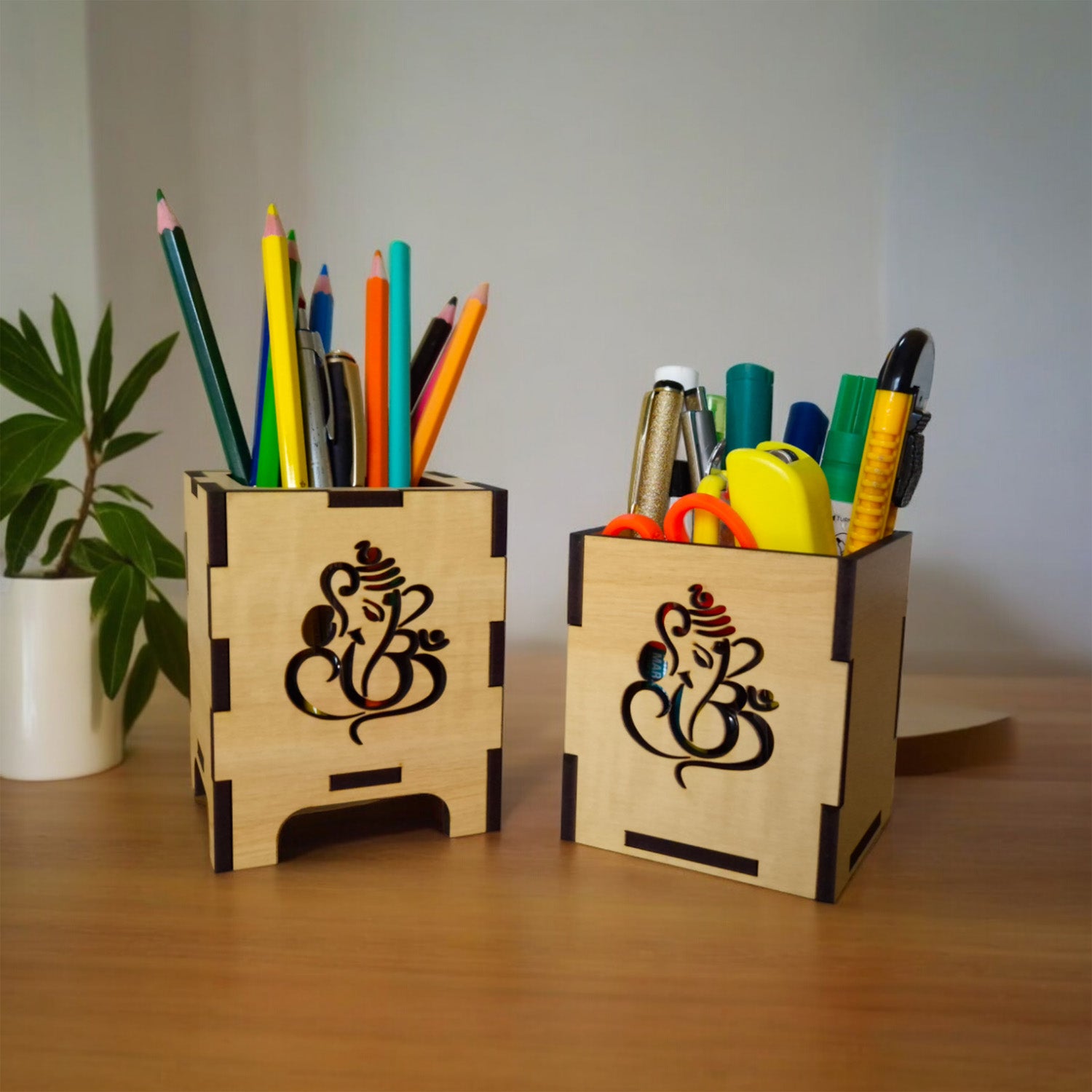 Wooden Pen-Pencil Holder with Artistic Design Home or Office Stationery Organiser Combo Set Of 2