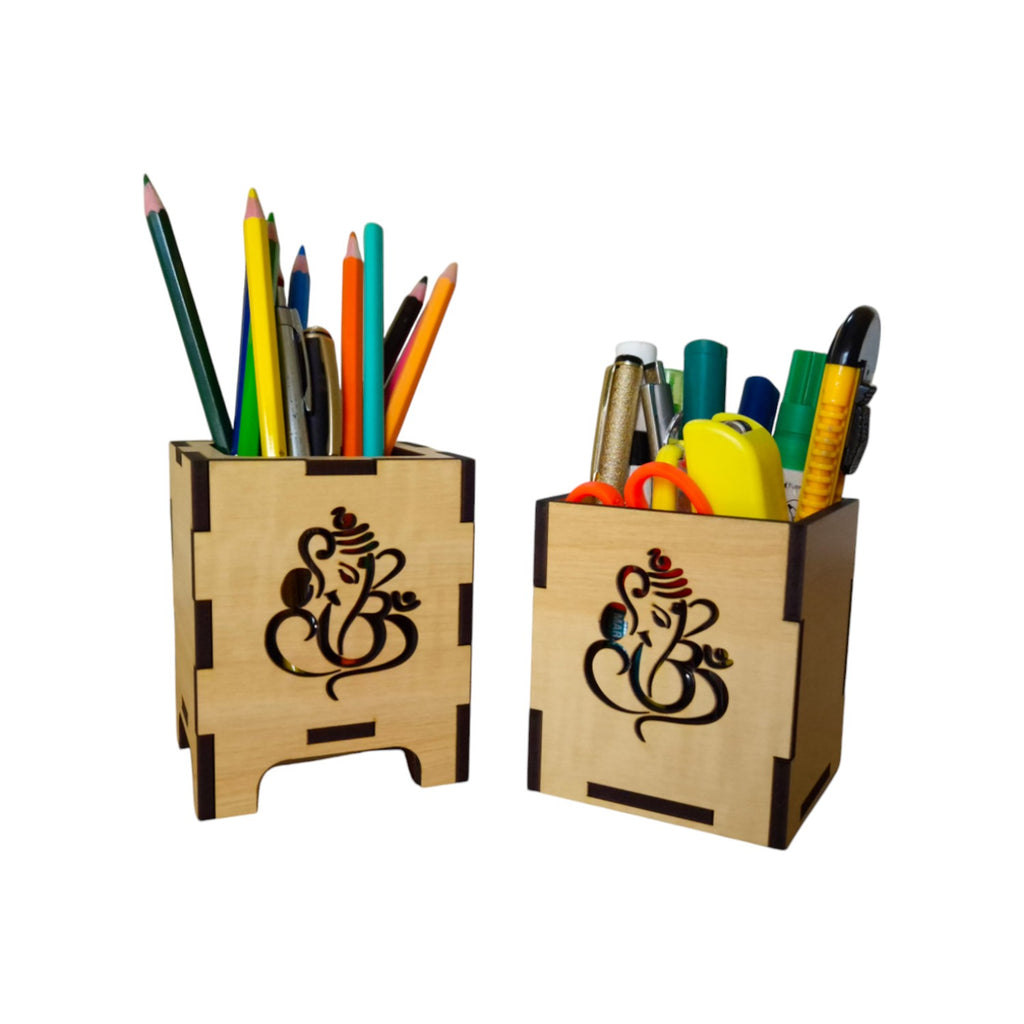 Wooden Pen-Pencil Holder with Artistic Design Home or Office Stationery Organiser Combo Set Of 2