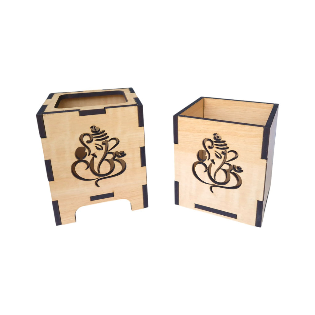 Wooden Pen-Pencil Holder with Artistic Design Home or Office Stationery Organiser Combo Set Of 2