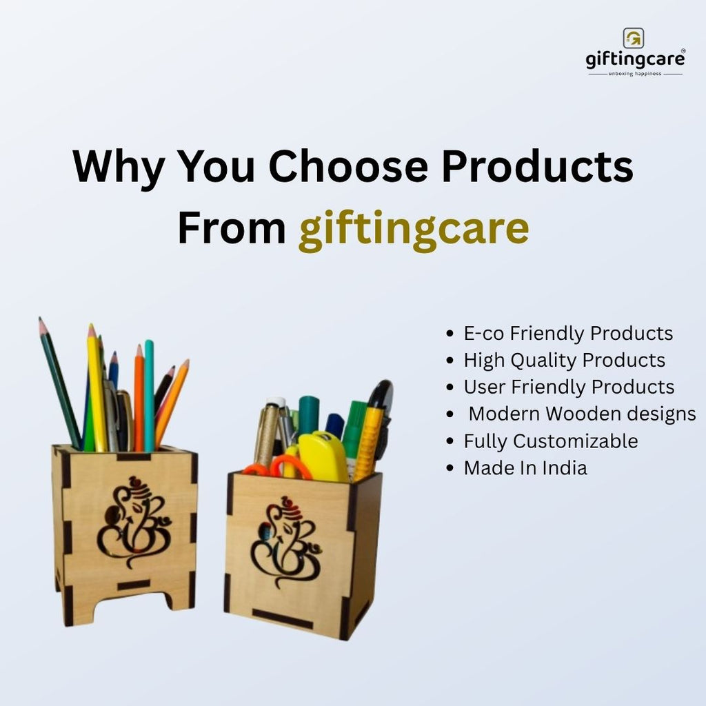 Wooden Pen-Pencil Holder with Artistic Design Home or Office Stationery Organiser Combo Set Of 2