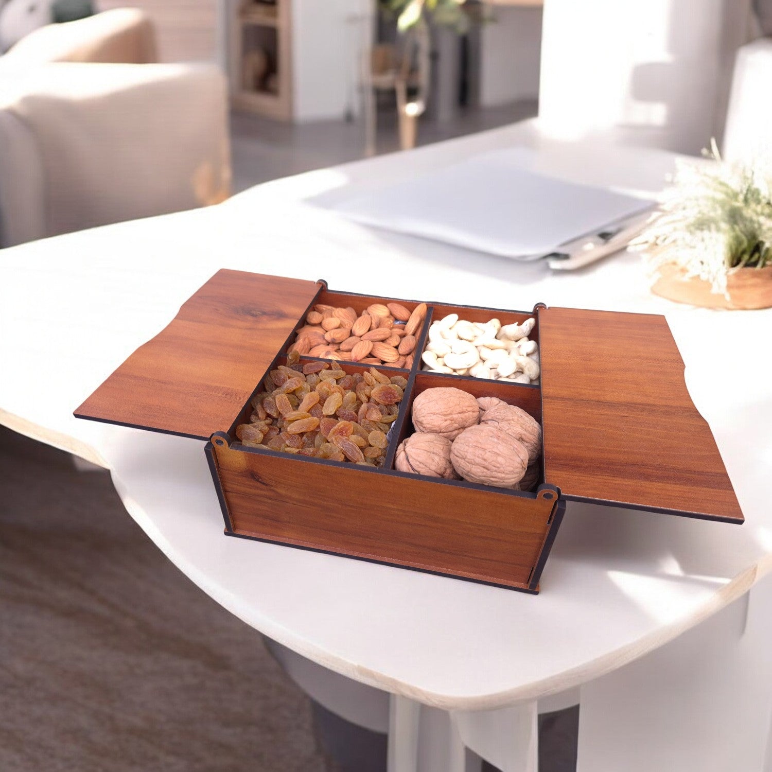 Wooden dry fruit & spice box with 4 compartments
