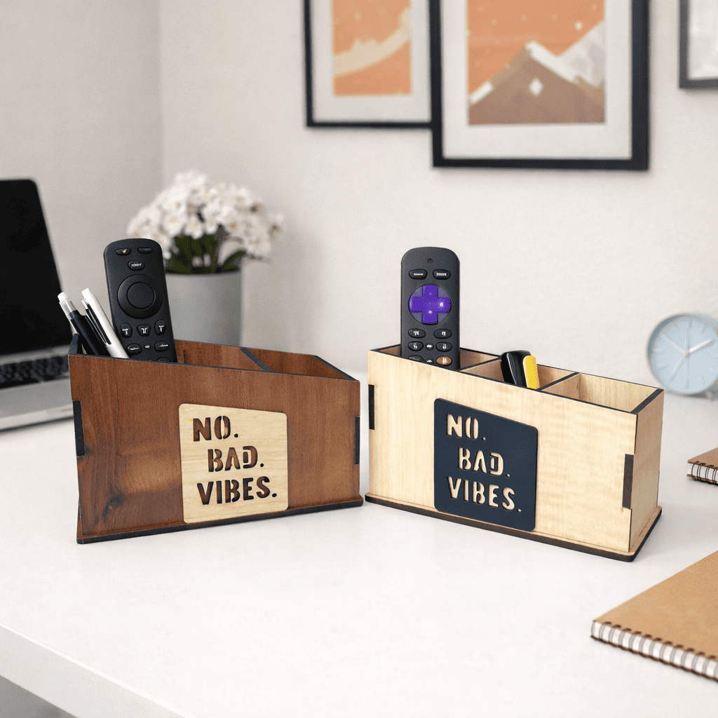 Wooden Remote Stand for Office & Home | 3 Compartment | Stationery Organizer Combo Set Of 2