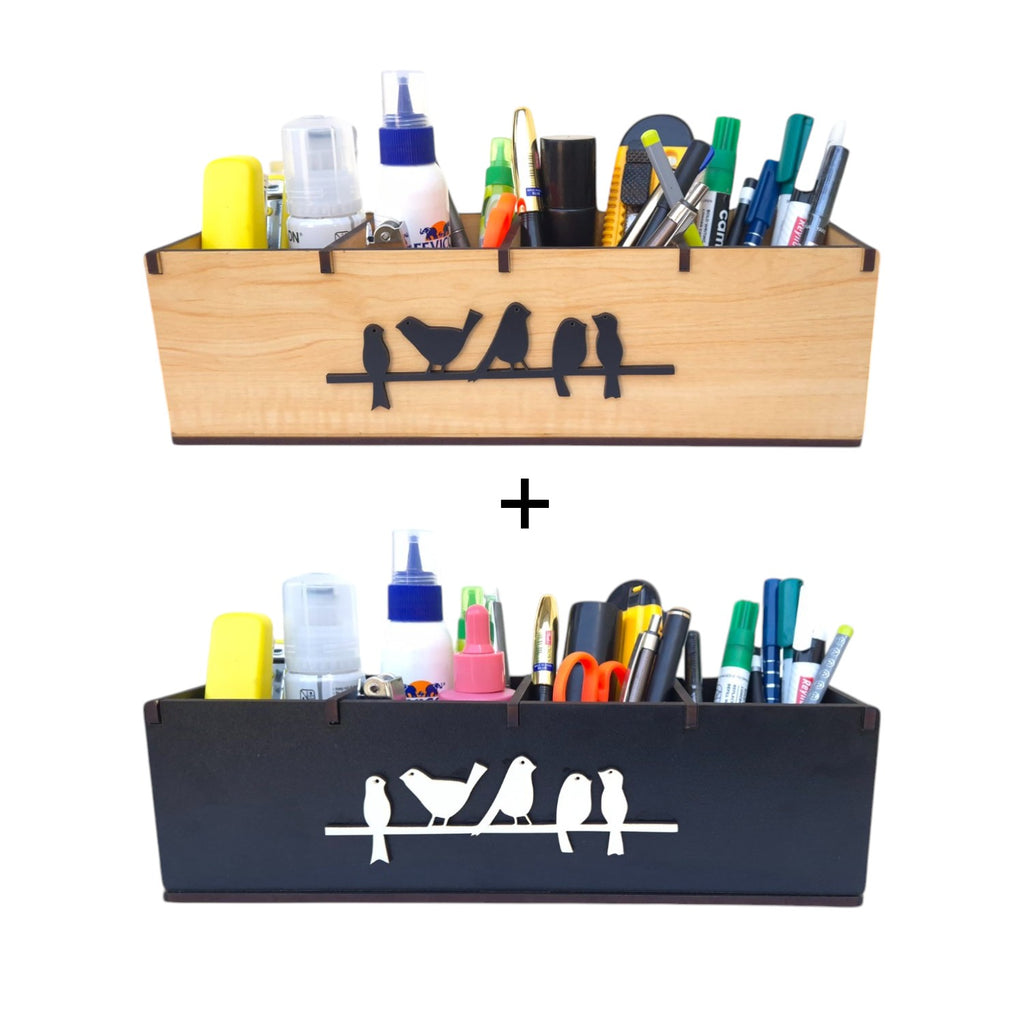 4 Compartments Wooden Desk Organizer, Stationery, Pen, Stand for Office & Home set of 2 , Combo