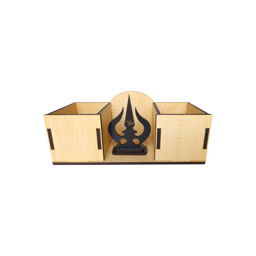 Wooden Desk Organizers and pen-pencil holder with Trishul Idol placed in the middle Compartment