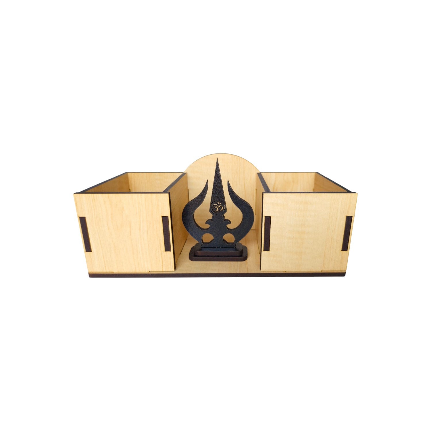 Wooden Desk Organizers and pen-pencil holder with Trishul Idol placed in the middle Compartment