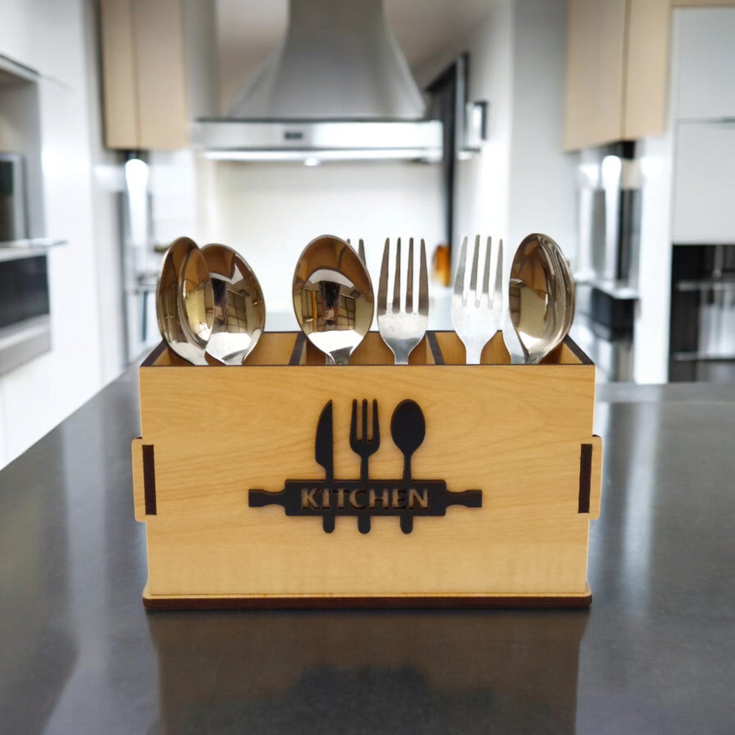 Wooden Cutlery Stand for Kitchen & Dining Table | Spoon, Knife & Fork Holder |3 Compartments