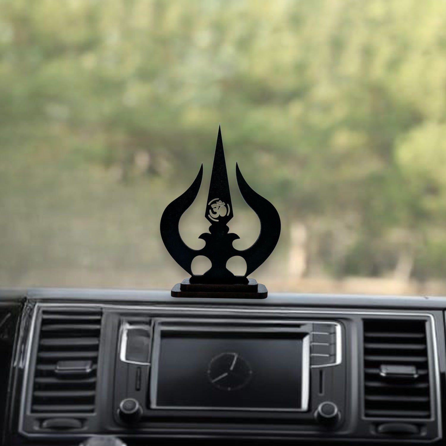 Trishul Idol for Car Dashboard Wooden Round Ram Parivar Murti Idol for Home Decor Pooja Room Office Study Table Showpiece