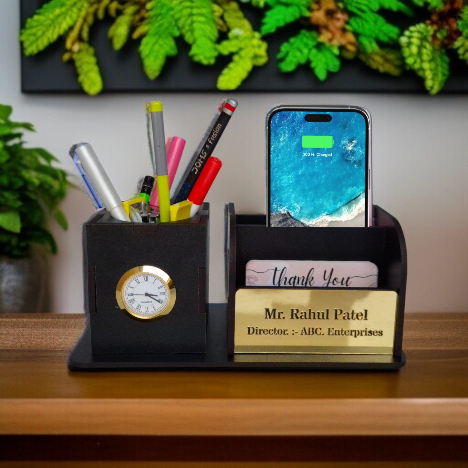 Wooden Pen Pencil Stand With Clock, Mobile and visiting Card Holder | 2+1 Compartment