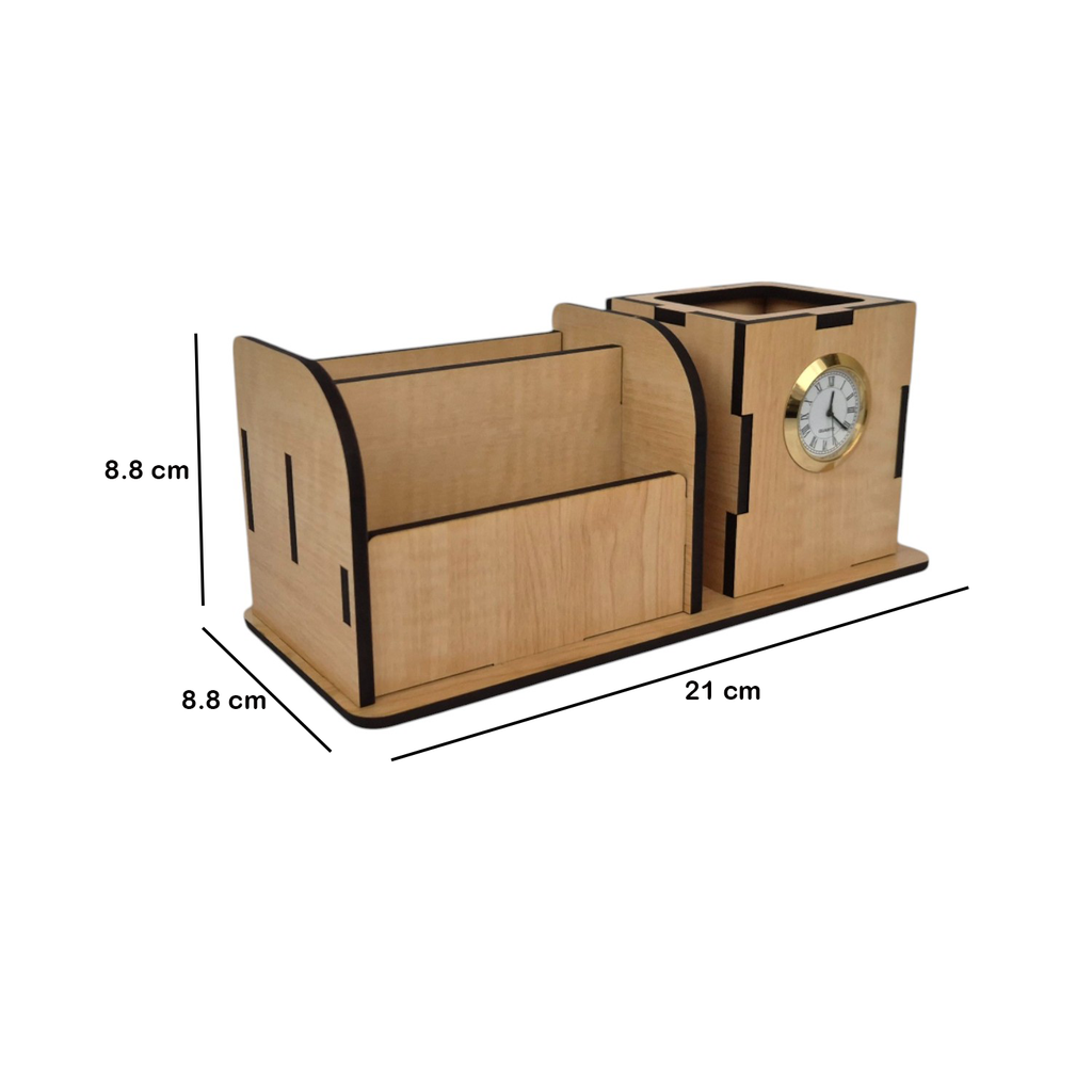 Wooden Pen Pencil Stand With Clock, Mobile and visiting Card Holder | 2+1 Compartment