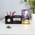 Wooden Pen Stand with Clock, Mobile stand, Card Holder and Tea Coaster | 4 Compartment (Black)