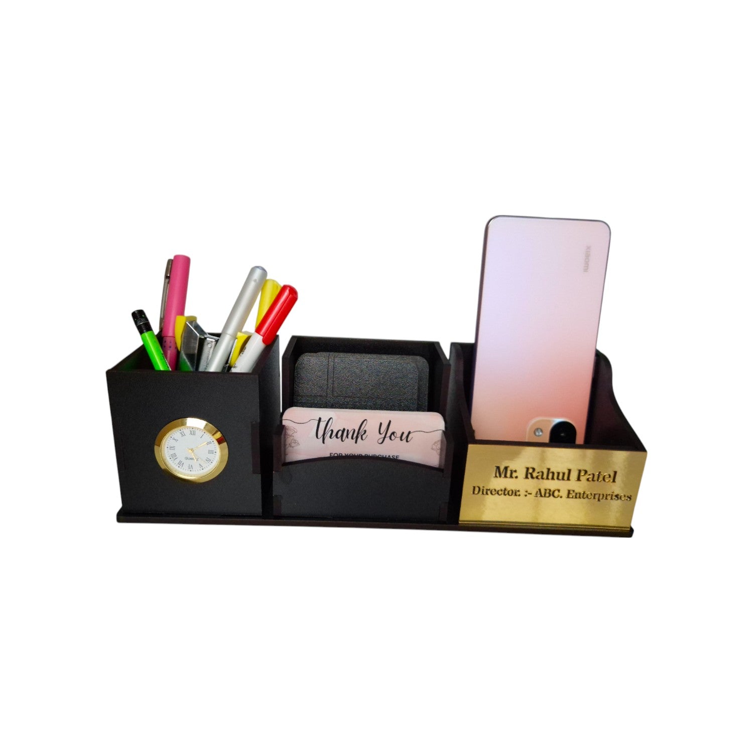 Wooden Pen Stand with Clock, Mobile stand, Card Holder and Tea Coaster | 4 Compartment (Black)