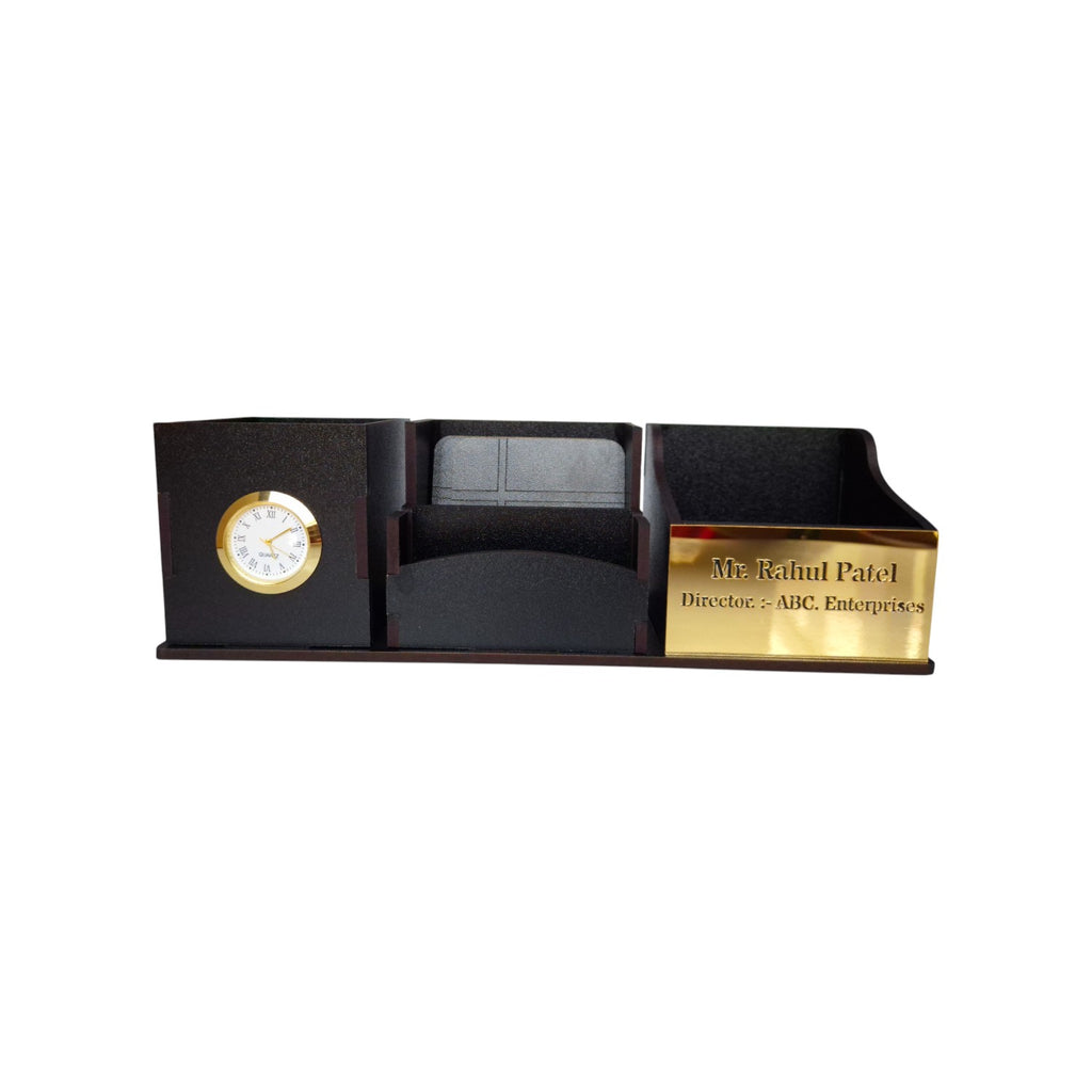 Wooden Pen Stand with Clock, Mobile stand, Card Holder and Tea Coaster | 4 Compartment (Black)