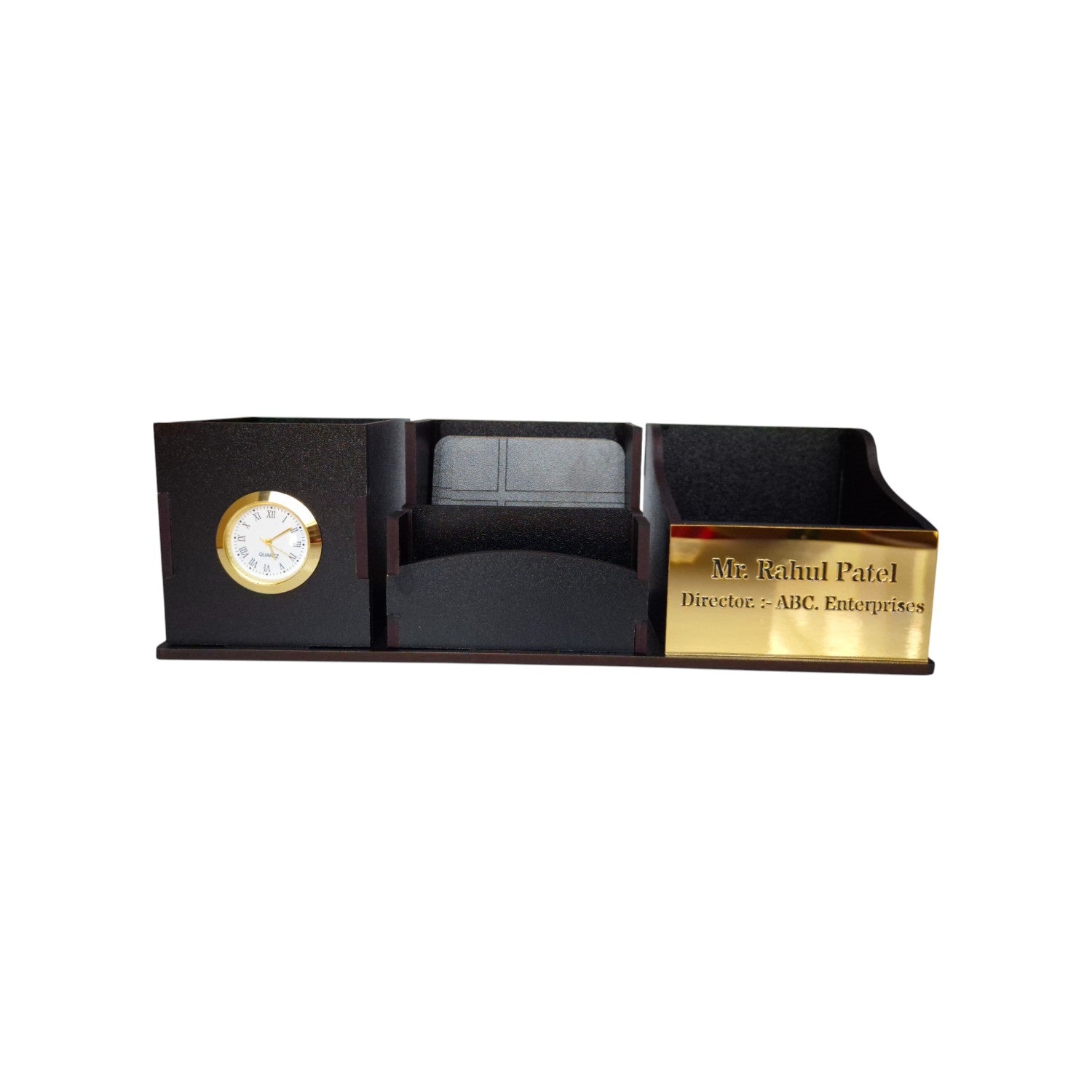 Wooden Pen Stand with Clock, Mobile stand, Card Holder and Tea Coaster | 4 Compartment (Black)