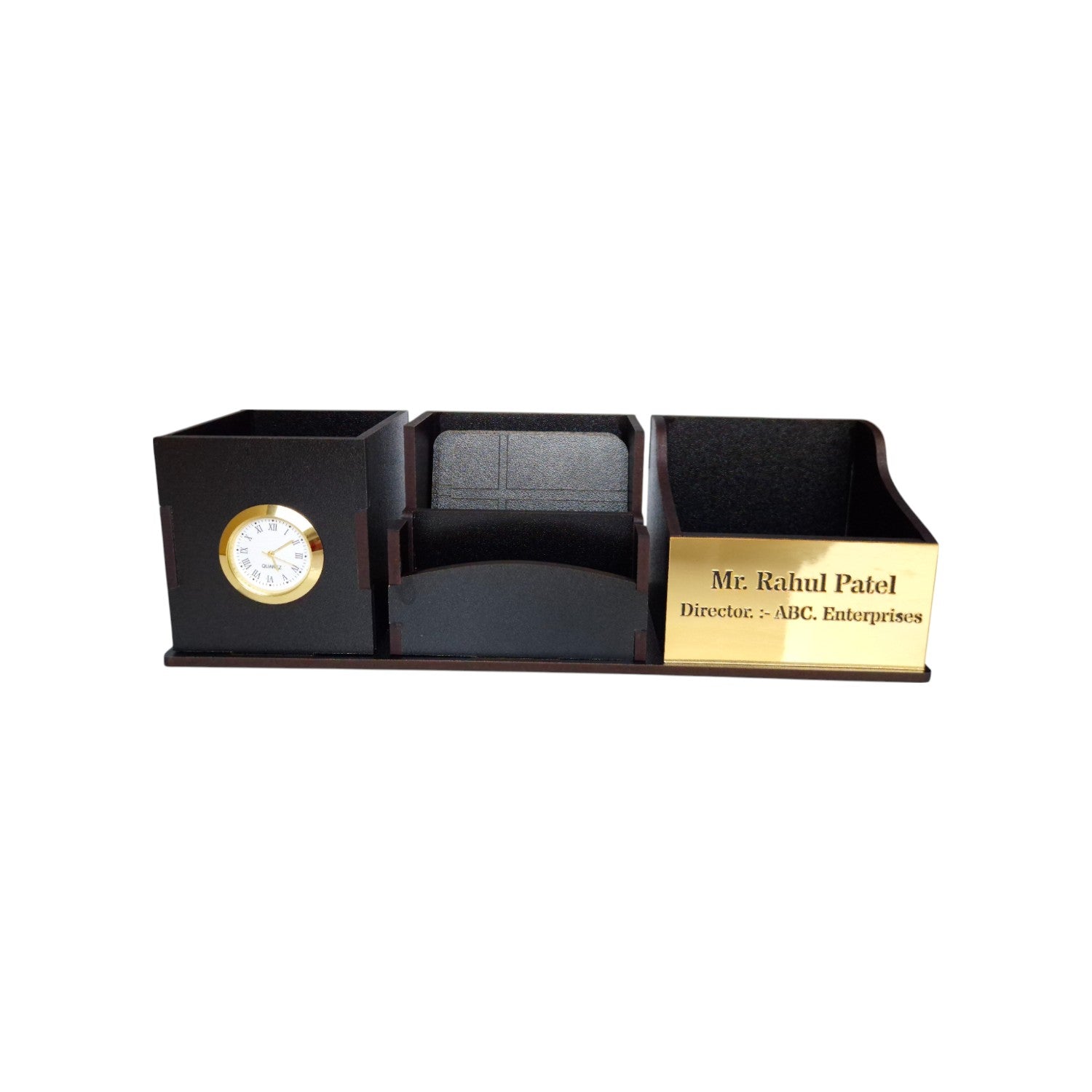 Wooden Pen Stand with Clock, Mobile stand, Card Holder and Tea Coaster | 4 Compartment (Black)